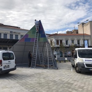 Polycarbonate roofing. Pyramid 10 × 6.5 × 6.5 m. in the center of Lamia for the EKO ACROPOLIS - RALLY OF GODS