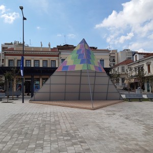 Polycarbonate roofing. Pyramid 10 × 6.5 × 6.5 m. in the center of Lamia for the EKO ACROPOLIS - RALLY OF GODS